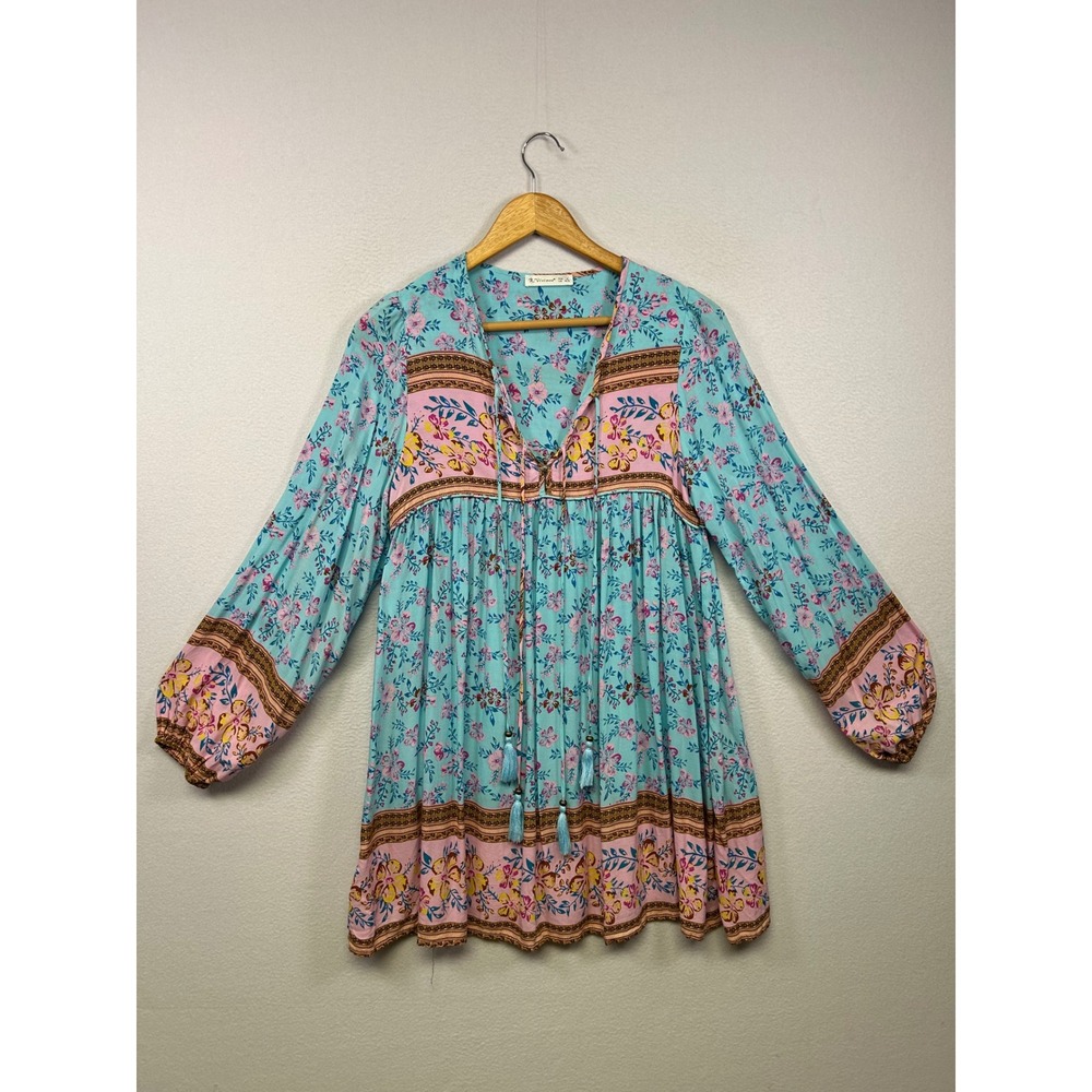 Boho Festival R. Vivimos Womens S Turquoise Floral Tassel‎ Babydoll Mini Dress
